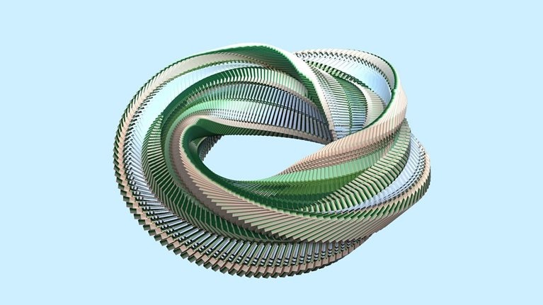 A digitally generated image of green and beige colored data server discs organized into a twisted looped circular pattern against a light blue background
