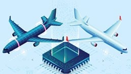 Isometric style image of an airplane next to a digitized mirror of itself. A microchip with circuitry sits below them.