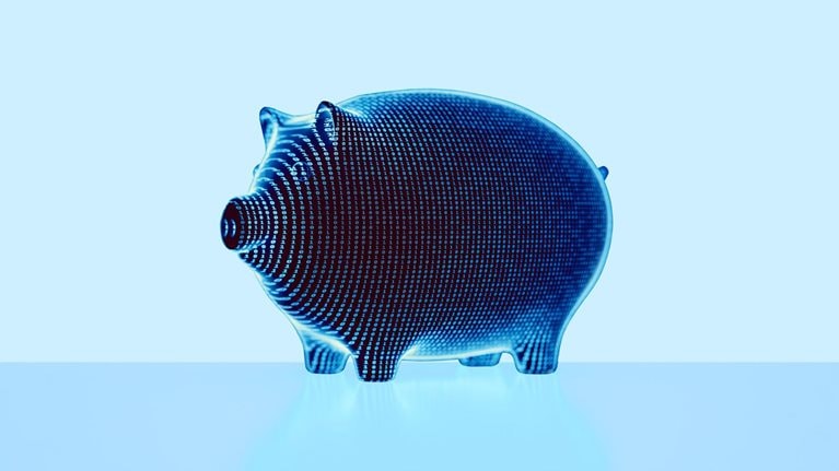A 3D piggy bank covered in glowing binary numbers.