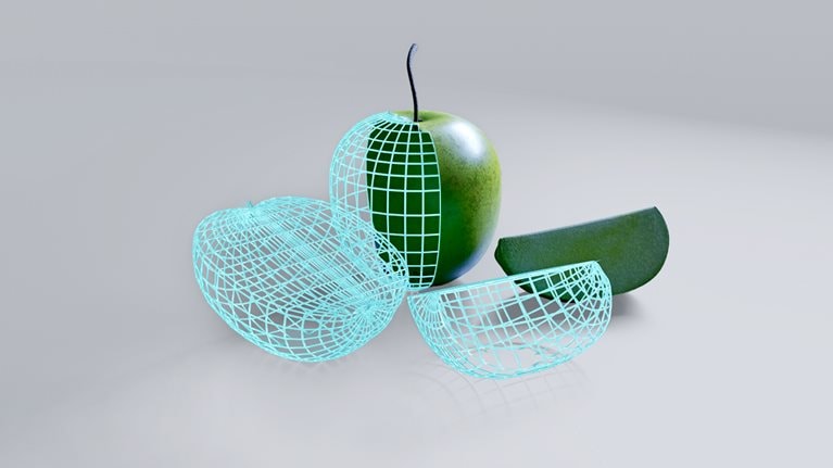 Digital illustration of a wireframe of an apple.