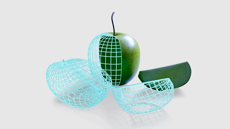 A green apple split into 3 parts on a gray background. Half of the apple is made out of a digital blue wireframe mesh. 