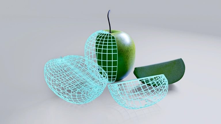 Digital illustration of a wireframe of an apple.