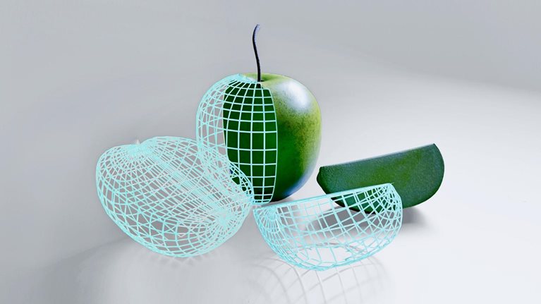 Digital illustration of a wireframe of an apple.