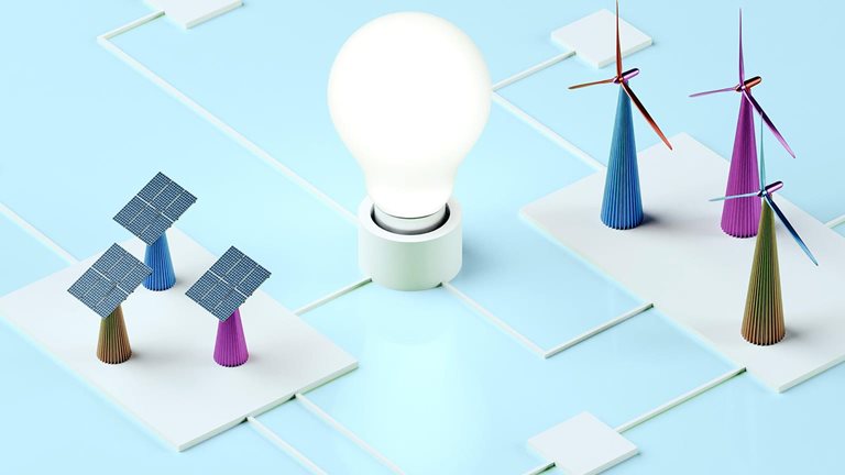 3D conceptual image of different elements contributing to a grid that is powering a lightbulb