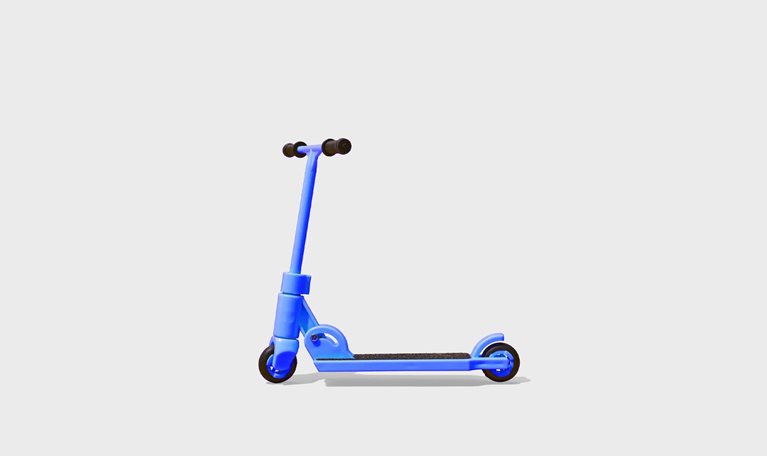 A bright blue scooter, set against a light-grey background.