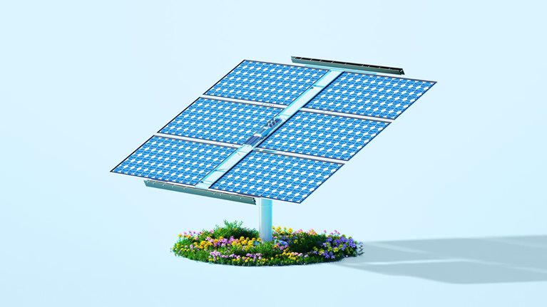 Digital generated image of solar panel system standing on circle with grass and flowers on blue background