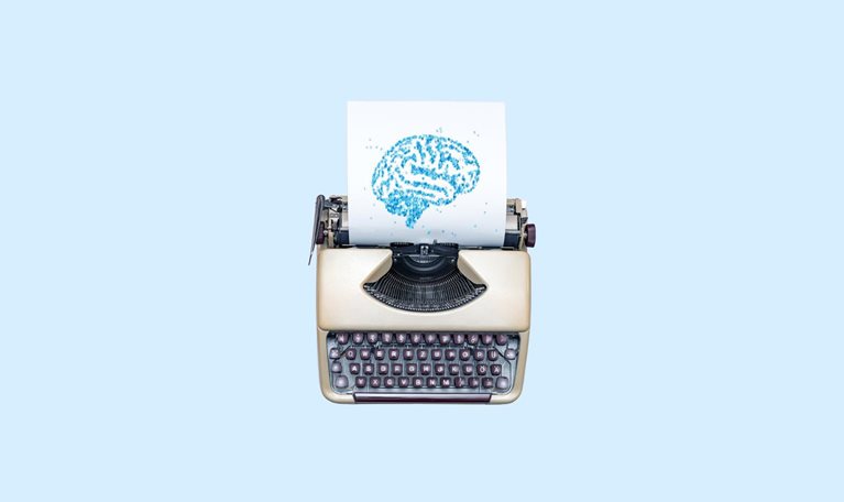 An old fashioned type writer with a sheet of paper advancing from it. The paper has the pattern of a brain made of recently typed letters imprinted upon it.