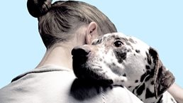 A close up of a woman embracing a Dalmatian. The woman is facing away from the camera with the endearing expression and kind eyes of the Dalmatian facing forward.