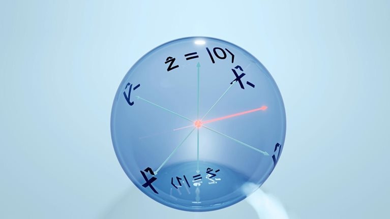 A quantum qubit with its state represented as a bloch sphere.