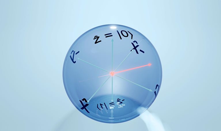 A quantum qubit with its state represented as a bloch sphere.