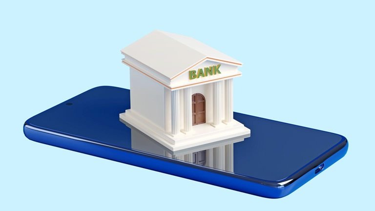 A stylized miniature bank building with the word 