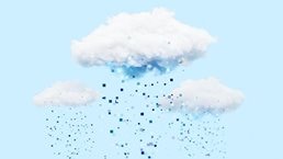 Against a backdrop of light blue, three fluffy white clouds release a robust rain of blue pixels.