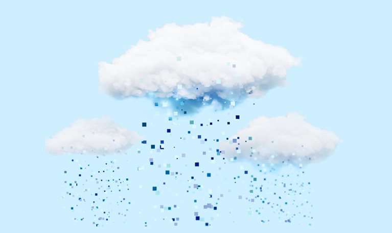 Against a backdrop of light blue, three fluffy white clouds release a robust rain of blue pixels.