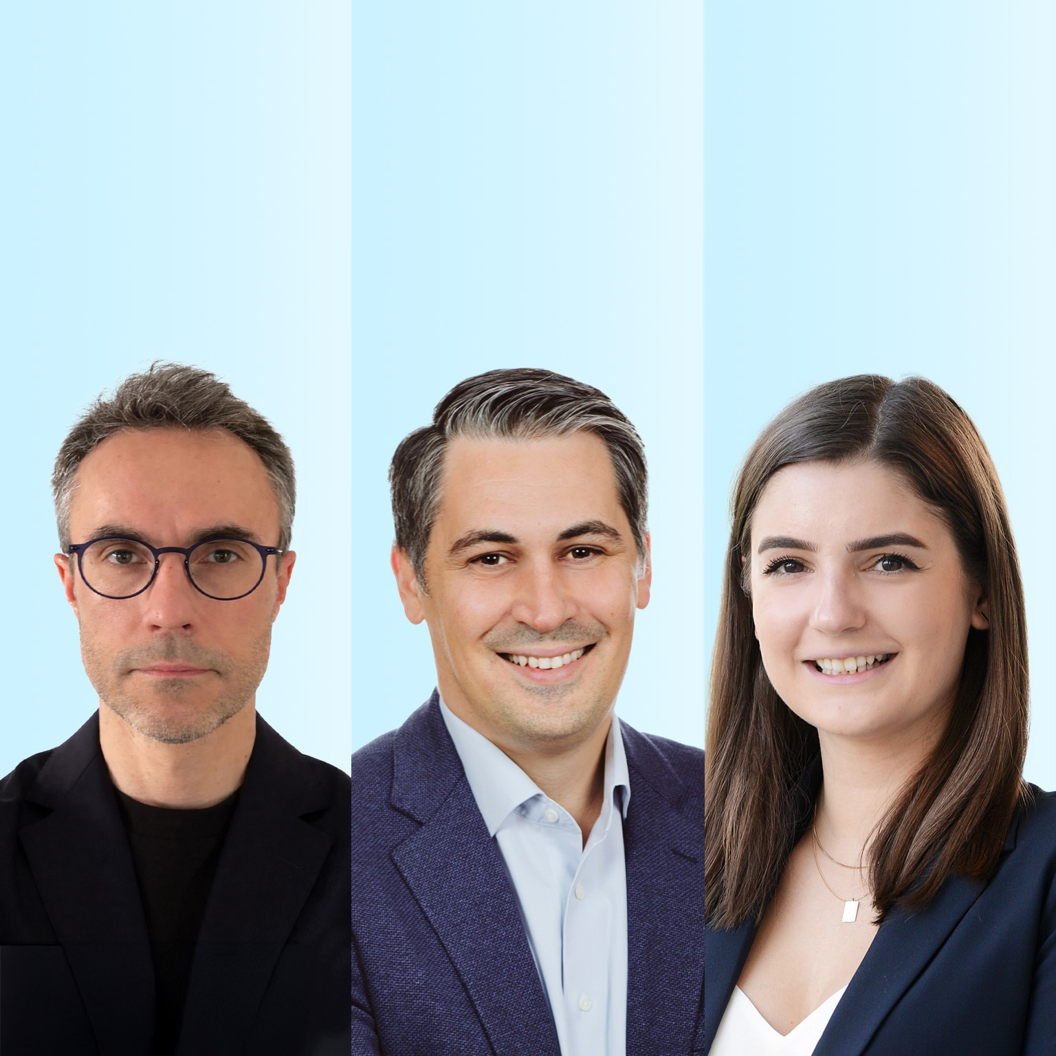  The image features three professional headshots of Ali Ustun, Luca Bennici, and Melanie Krawina placed side by side against a light blue background. 