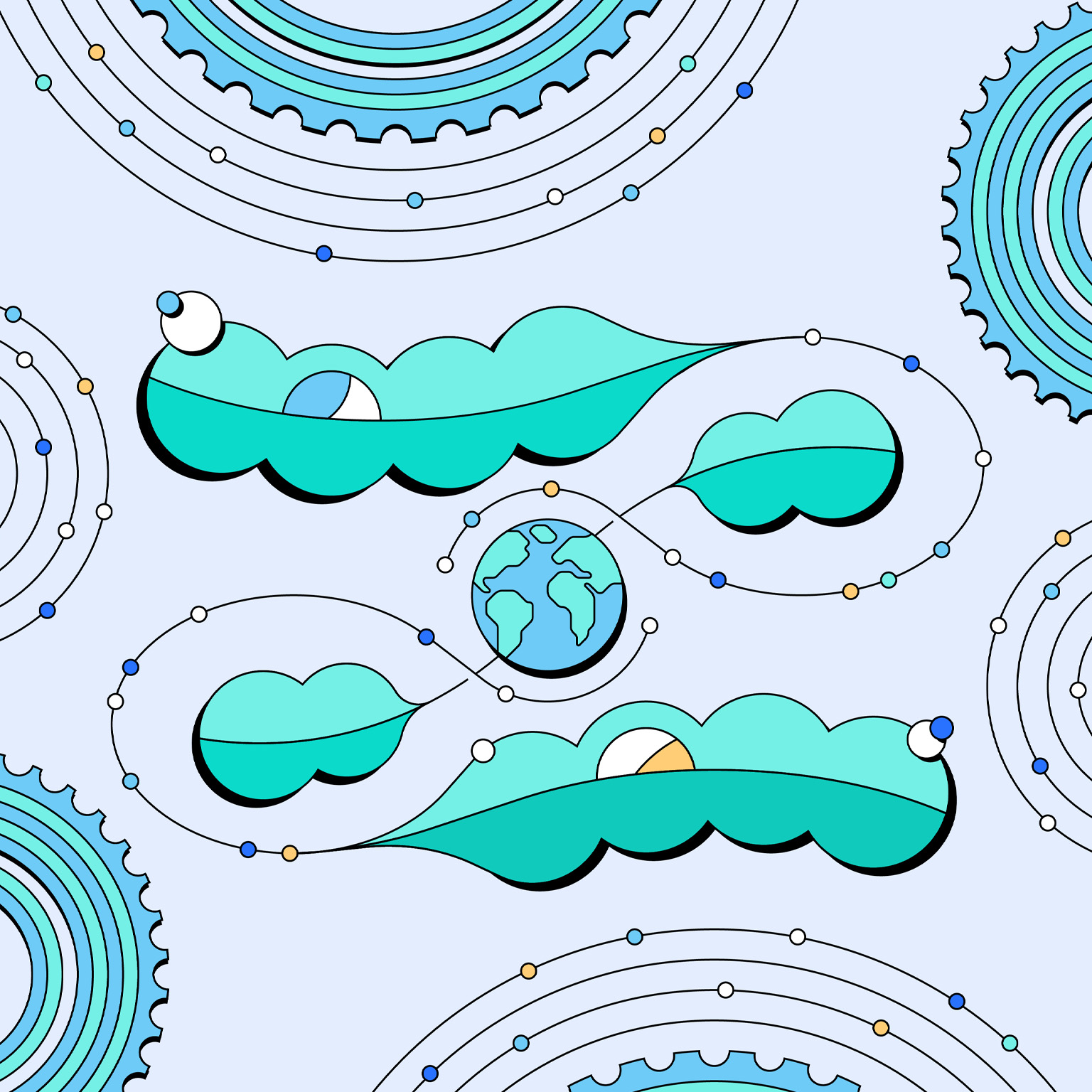 A globe encircled by stylized data points and oversized green leaves and gear like shapes at it’s edges. It is placed against a light-blue backdrop with dominant hues of cyan and green.