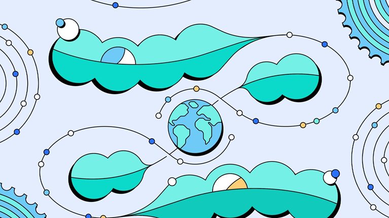 A globe encircled by stylized data points and oversized green leaves and gear like shapes at it’s edges. It is placed against a light-blue backdrop with dominant hues of cyan and green.