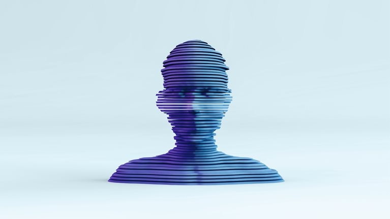 3D layered shape cyborg head on neon colored background