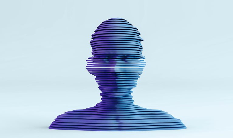 3D layered shape cyborg head on neon colored background