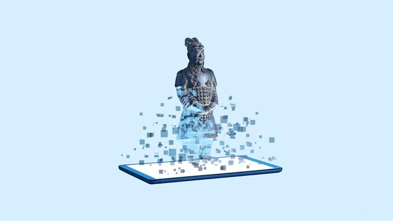 A terracotta soldier figurine emerging from a digital tablet. The soldier looks digitized at it's base but becomes a solid form at it's top. 
