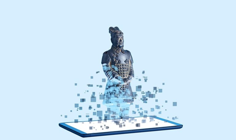 A terracotta soldier figurine emerging from a digital tablet. The soldier looks digitized at it's base but becomes a solid form at it's top.