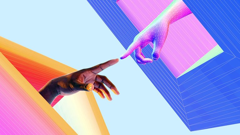 3D illustration of a human hand and a digital hand reaching through geometric portals and touching finger tips at the center of the frame