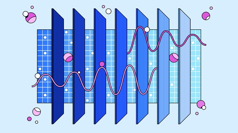 Ilustración conceptual de 7 paneles tipo vidrio flotando sobre una cuadrícula. Los paneles pasan de azul oscuro a azul claro y 2 líneas rosadas pasan por los paneles y puntos rosas flotan alrededor de la cuadrícula.