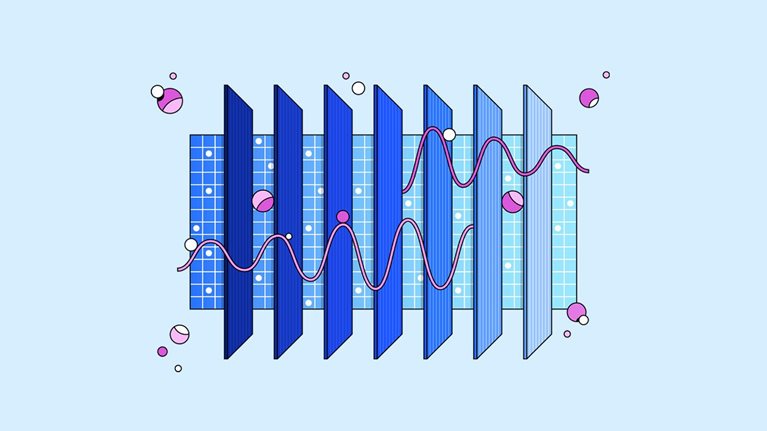 Conceptual illustration of 7 glasslike panels floating over a grid. The panels transition from dark to light blue and 2 pink lines weave past the panels and pink dots float around the grid.