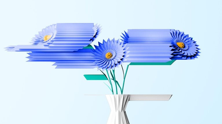 Three flowers in a vase made out of polygon shapes. Parts of the flowers and vase are distorted and stretched.