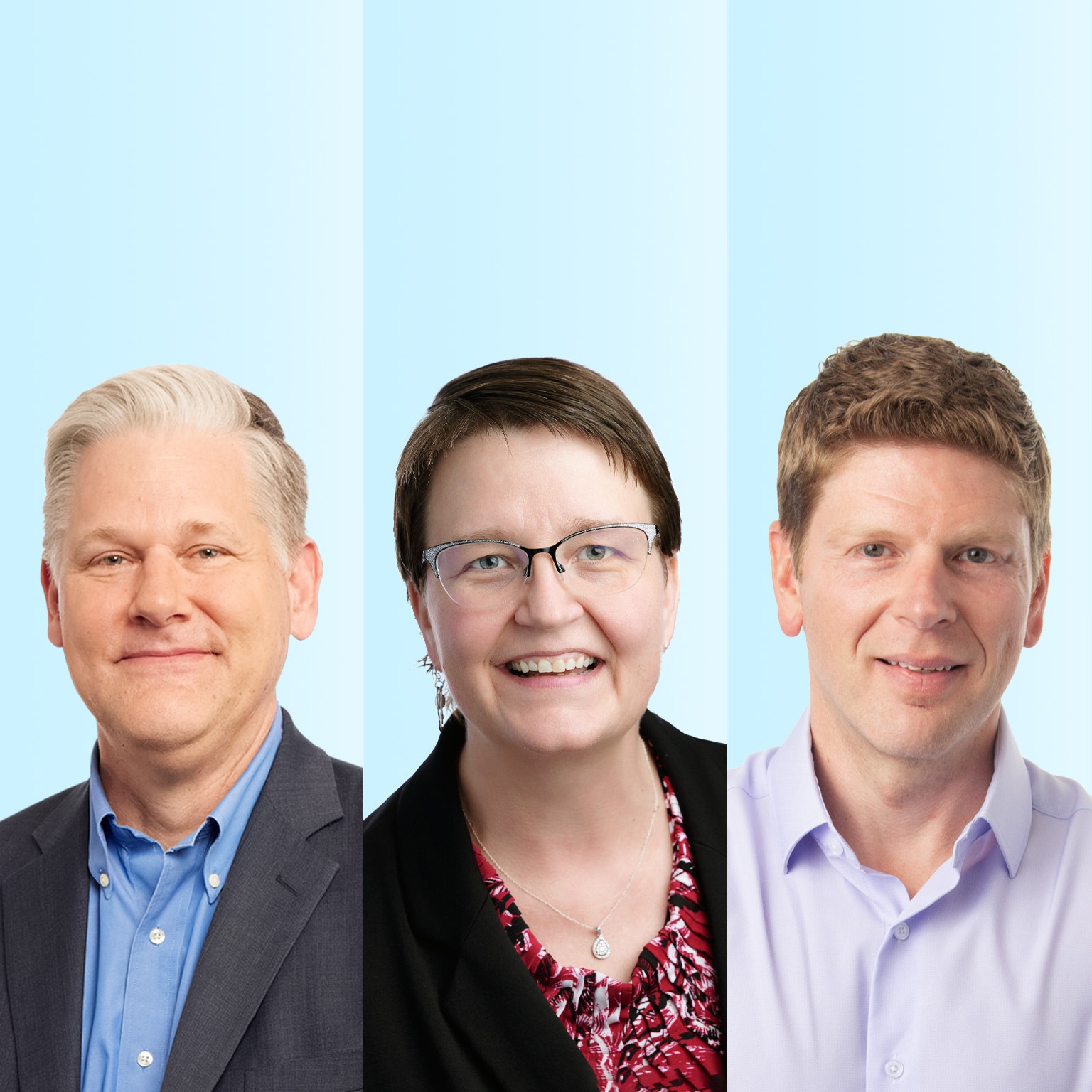 Drew Erdmann, Sarah Miller and Trey Childress are shown side by side in portrait-style images against a light blue background, each facing the camera. They are dressed in professional attire and smiling.