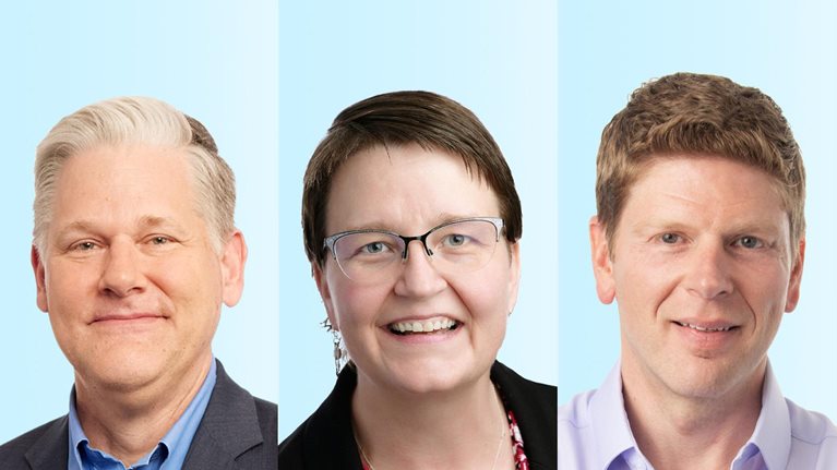 Drew Erdmann, Sarah Miller and Trey Childress are shown side by side in portrait-style images against a light blue background, each facing the camera. They are dressed in professional attire and smiling.