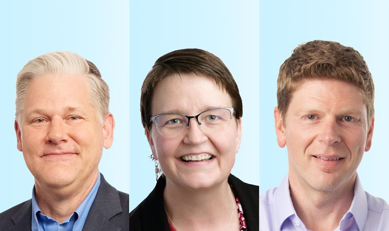 Drew Erdmann, Sarah Miller and Trey Childress are shown side by side in portrait-style images against a light blue background, each facing the camera. They are dressed in professional attire and smiling.