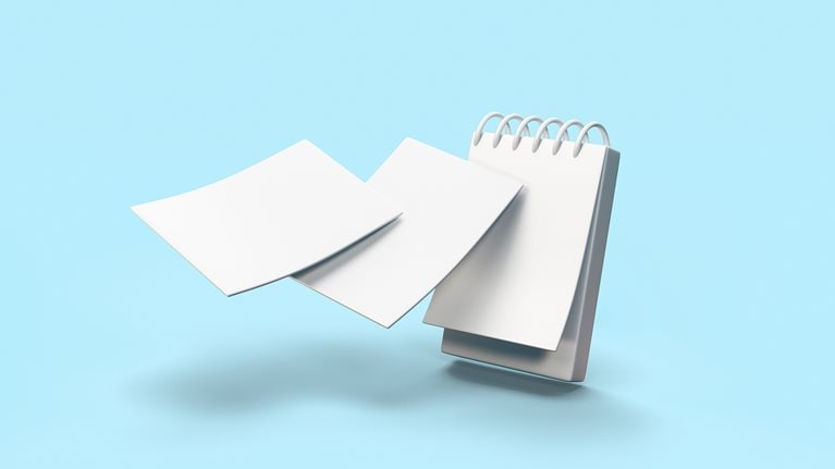 3D notepad illustration with pages flying off