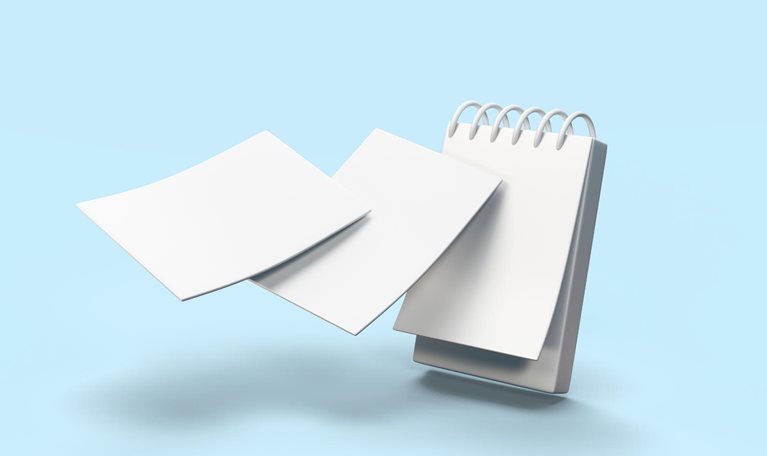 3D notepad illustration with pages flying off