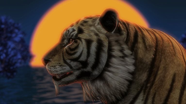 Animated illustration of a tiger in profile against a setting sun