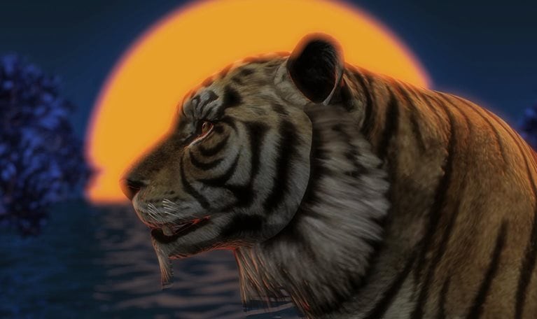 Animated illustration of a tiger in profile against a setting sun