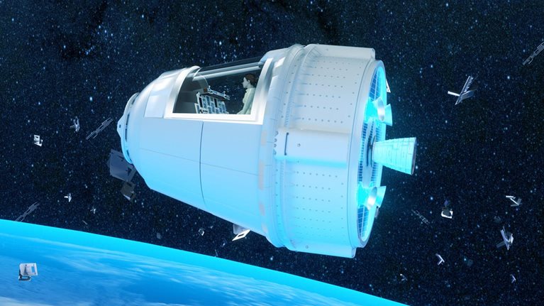 A female spaceship commander navigating through space while observing space junk.