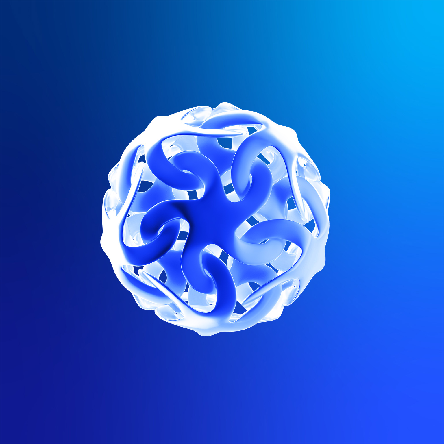 Digital generated image of futuristic organic shaped sphere against blue background.