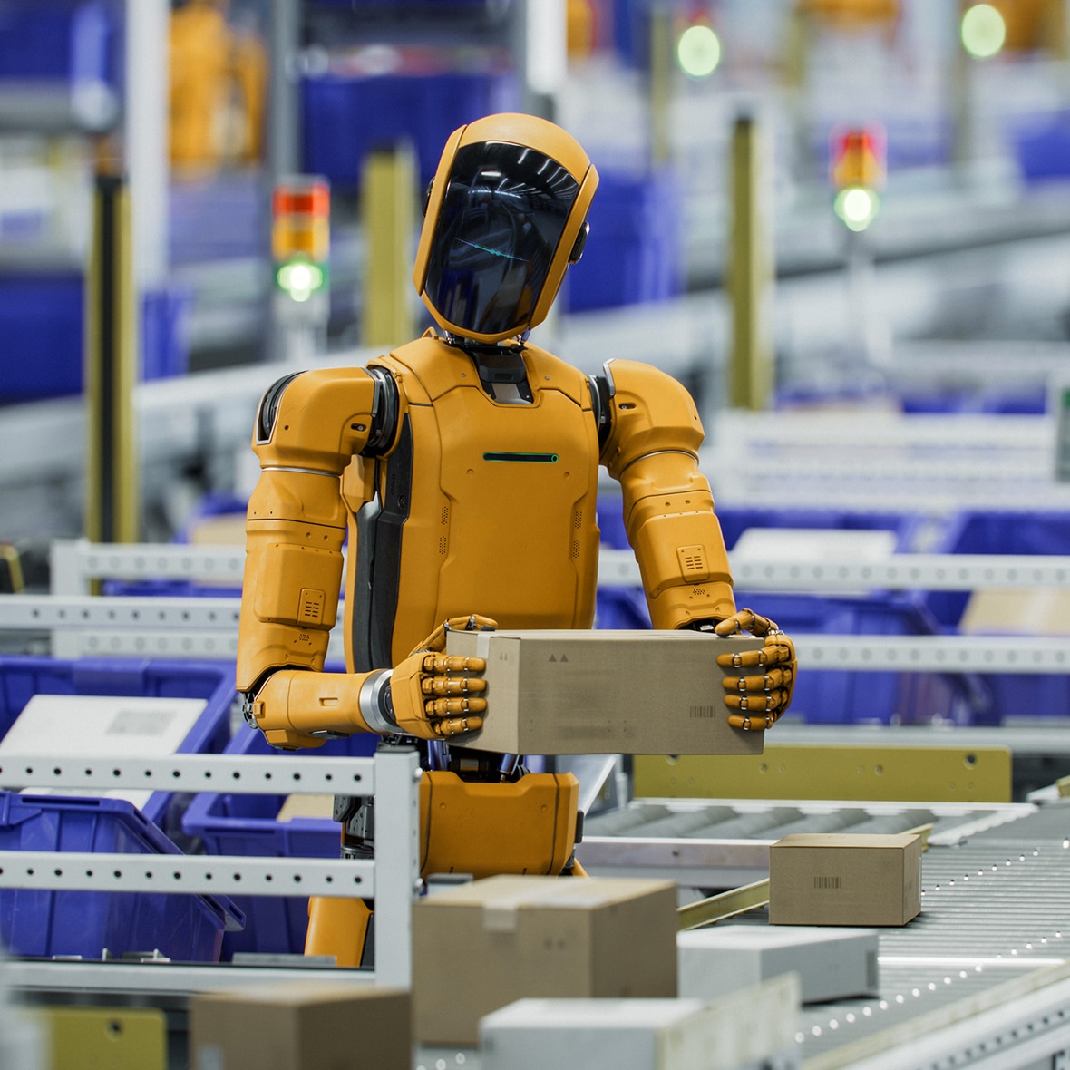 A robot holding a package, working in an assembly line
