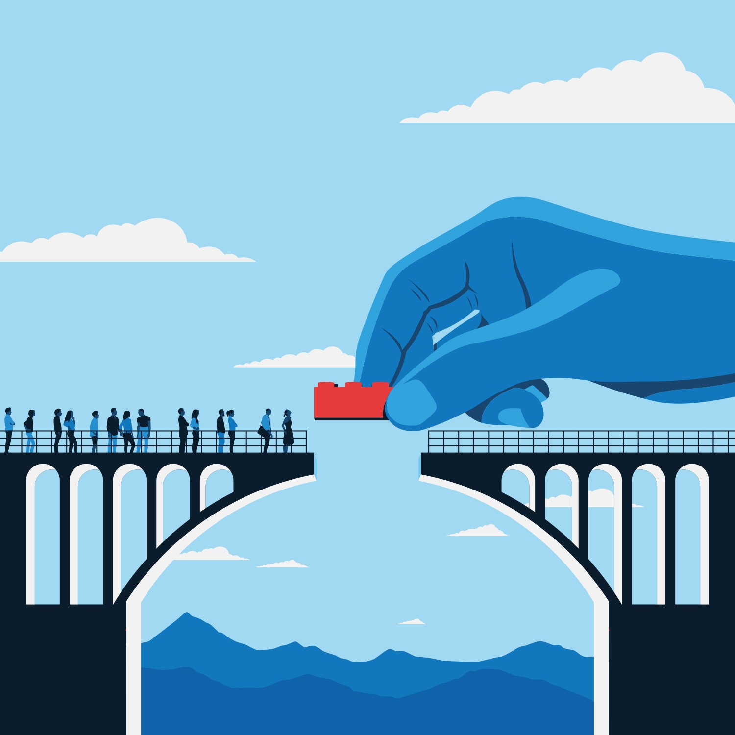 An illustration dominated by bold blue hues, with a prominent hand adding a single red Lego brick to complete a section of a bridge. Figures in silhouette can be seen on one end of the unfinished bridge, eagerly anticipating its finalization.