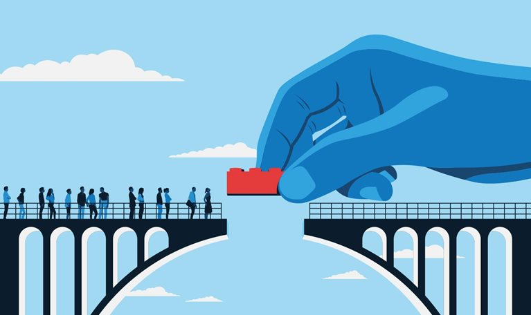 An illustration dominated by bold blue hues, with a prominent hand adding a single red Lego brick to complete a section of a bridge. Figures in silhouette can be seen on one end of the unfinished bridge, eagerly anticipating its finalization.