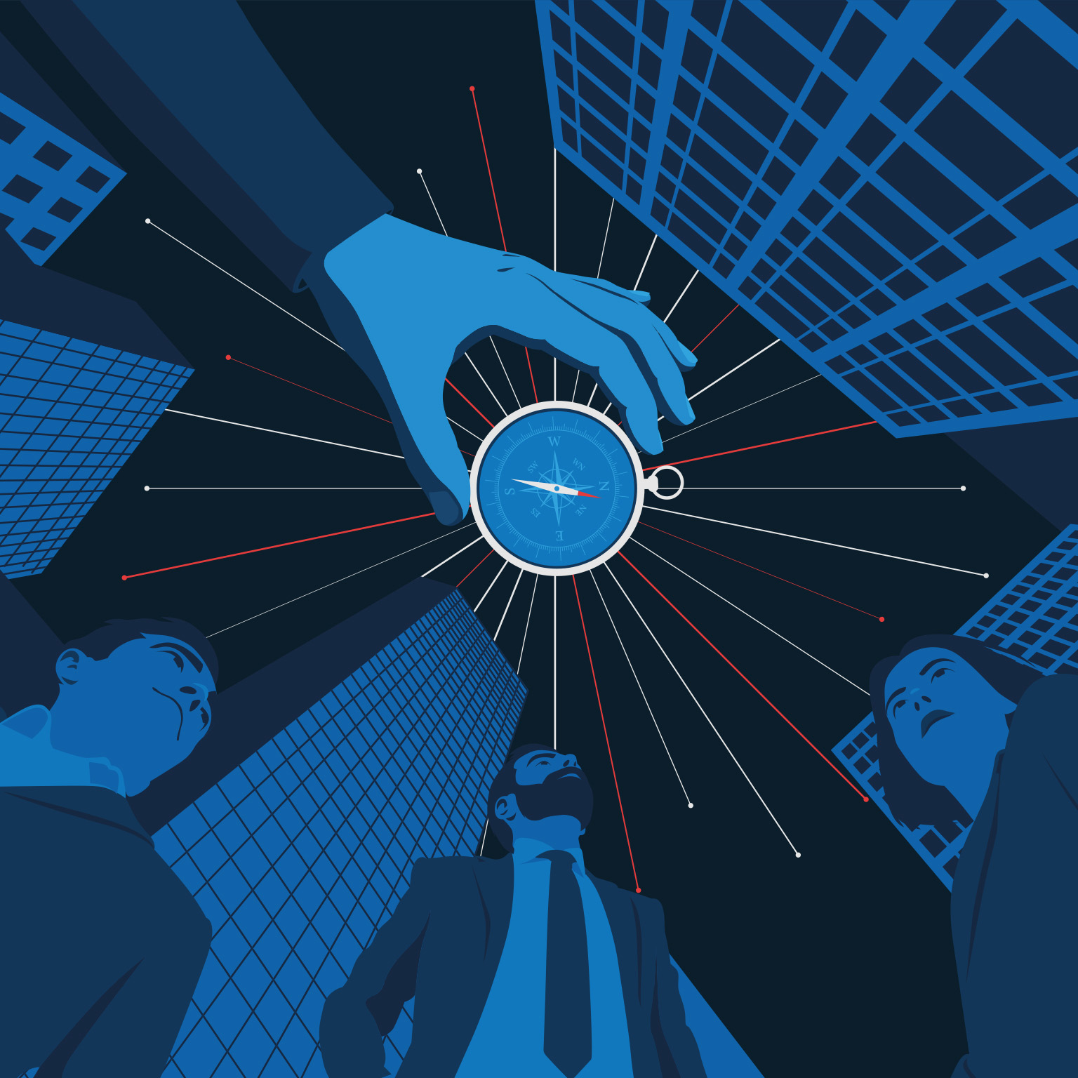 A drawing featuring three individuals gazing upwards at a compass being held by a hand, set against a background of towering buildings. Rays resembling shooting stars emanate from the compass.