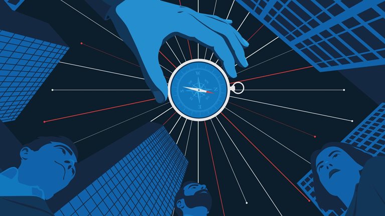 A drawing featuring three individuals gazing upwards at a compass being held by a hand, set against a background of towering buildings. Rays resembling shooting stars emanate from the compass.