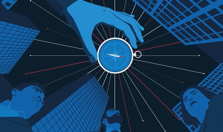 A drawing featuring three individuals gazing upwards at a compass being held by a hand, set against a background of towering buildings. Rays resembling shooting stars emanate from the compass.