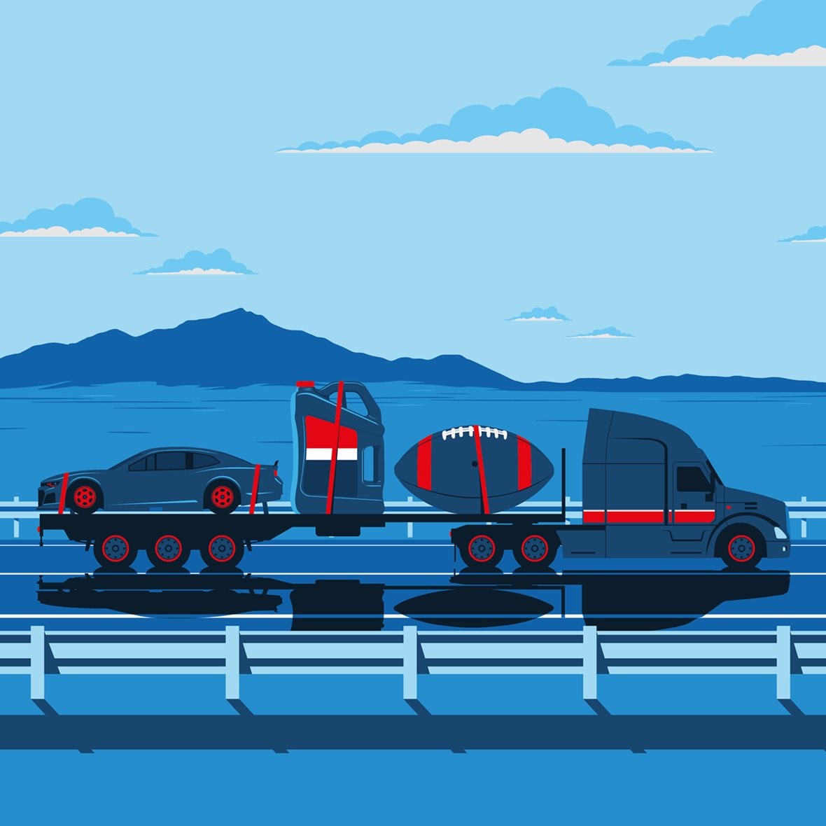A semi-truck is shown driving on a highway with symbols on its flatbed that represent the life and legacy of Lucas oil founder, Forrest Lucas. A car, a bottle of synthetic oil, and a large American football are set against a scenic backdrop of mountains and a blue sky with clouds.