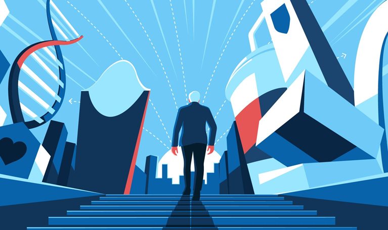 A solitary figure ascends a set of steps toward a futuristic cityscape filled with abstract structures and symbols