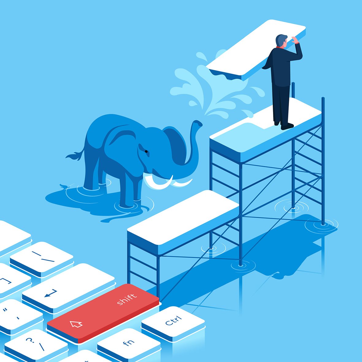 A leader rebuilding solid bridges over chaos, echoing Louis Gerstner’s legacy of guiding IBM through uncertainty with vision, discipline, and bold transformation.