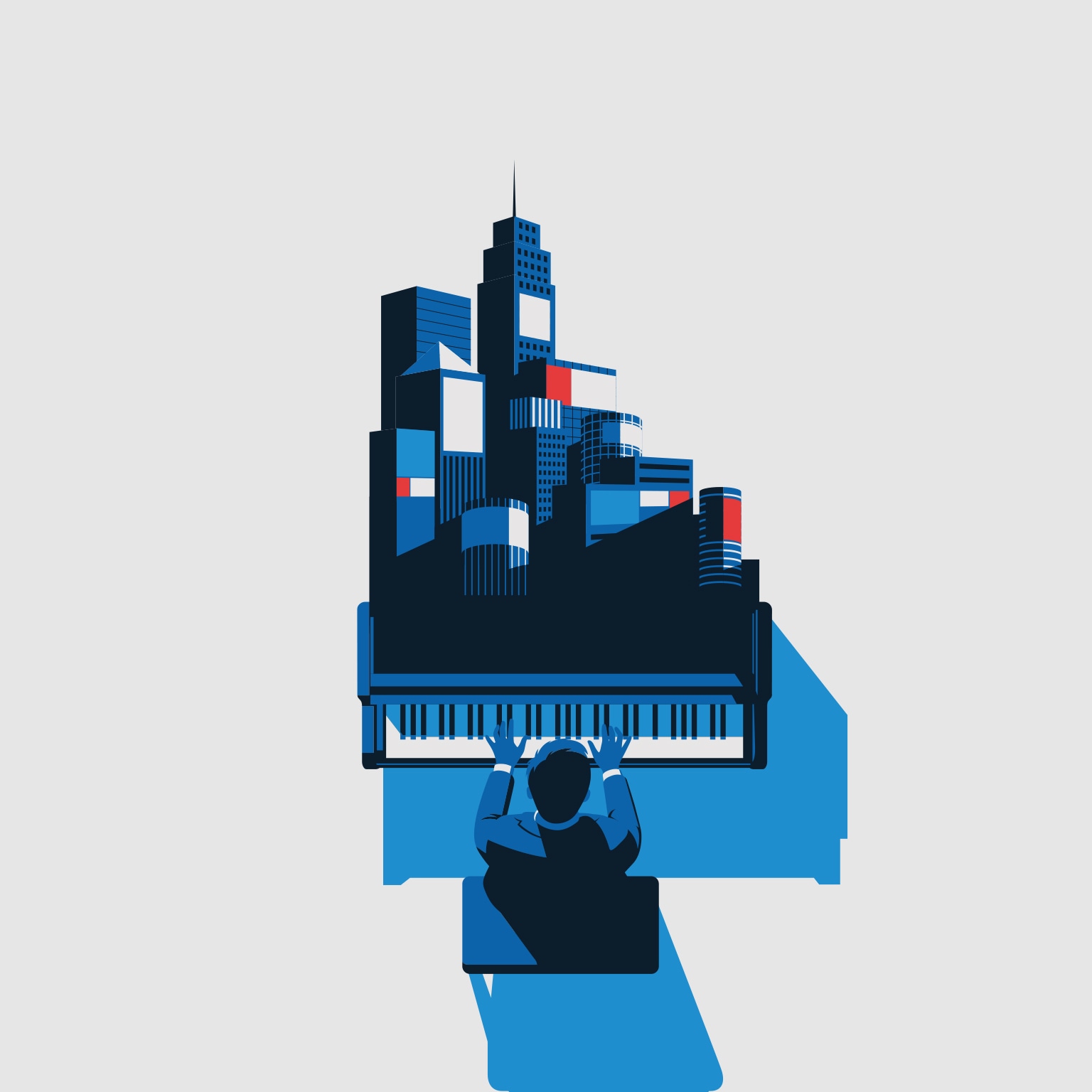  A stylized overhead illustration of a pianist playing a grand piano whose body transforms into a modern city skyline filled with billboards and digital advertisements