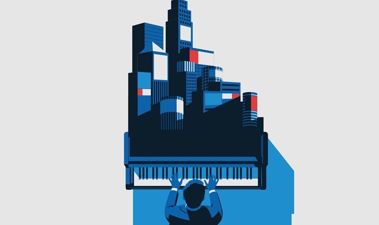 A stylized overhead illustration of a pianist playing a grand piano whose body transforms into a modern city skyline filled with billboards and digital advertisements