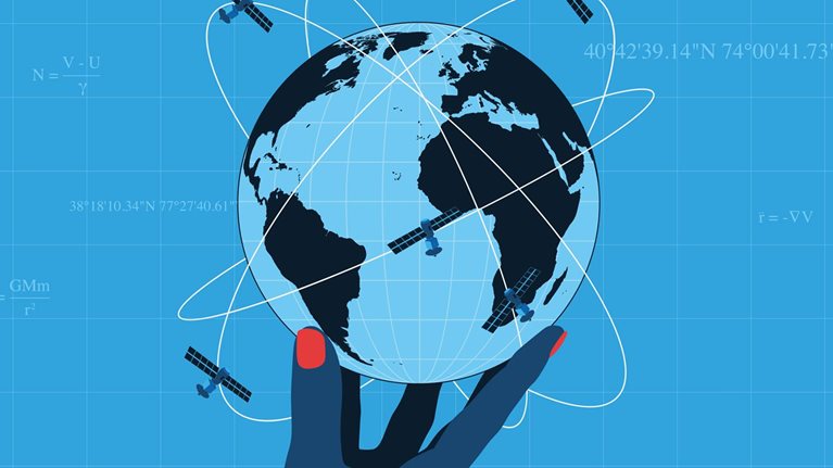 Hand holding a globe with orbiting satellites with a system of complex, iterative calculations combining physics, satellite data, and numerical modeling in the background