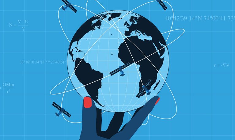 Hand holding a globe with orbiting satellites with a system of complex, iterative calculations combining physics, satellite data, and numerical modeling in the background